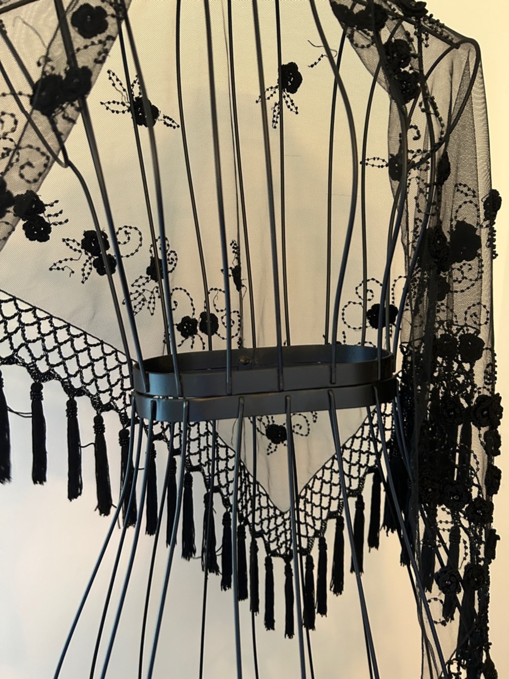 Black Lace Fringe Wrap Shawl - Elegant Evening Scarf - Picture 6 of 15